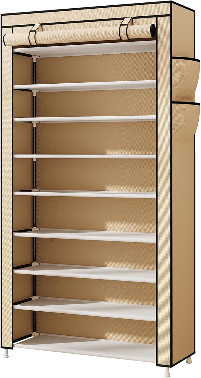 Laiensia 9-Tier Shoe Rack ，Space Saving Shoe Storage Organizer Non-Woven Cover Shoe Shelf Holds 36-45 Pairs for Bedroom, Hall