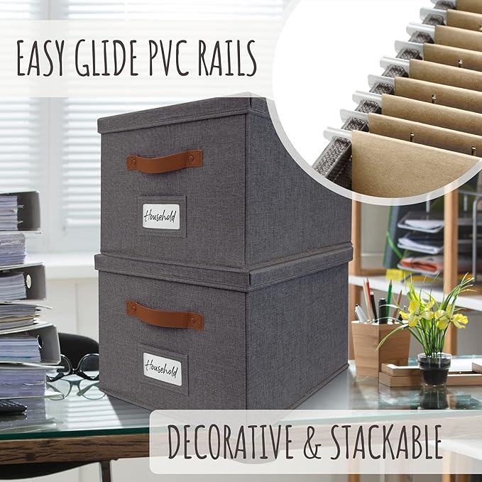 ZICOTO Decorative File Organizer Box Set of 2 - Collapsible Linen Filing Cabinets w/Handles Are Perfect to Store all Your Doc