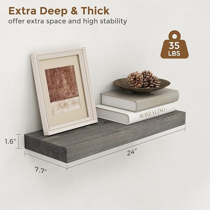 Marsmiles Wood Floating Shelves for Wall - 24 Inch Grey Wood Floating Shelves Set of 2-24 Inch Wide x 7.7 Inch Deep x 1.6 Inc
