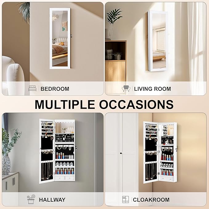 Mirror Jewelry Cabinet, Wall/Door Mounted Jewelry Armoire with Full-Length Mirror, Hanging Jewelry Organizer with LED Interio