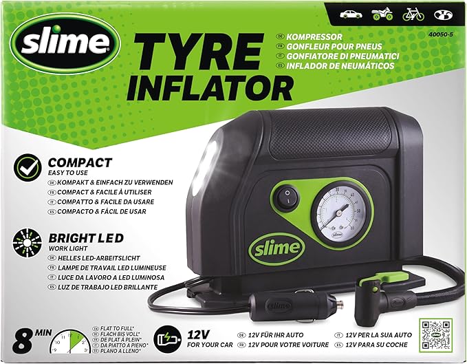 Slime 40050 Tire Inflator, Portable Car Air Compressor, with Analog 100 psi Dial Gauge, Long Hose and LED Light, 12V, 8 min Inflation