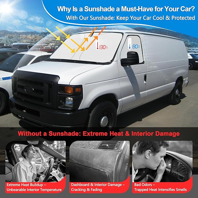 Front Windshield ＆ Side Window Sun Shade for 1996-2025 Chevy Express Accessories Cargo Van, Foldable Window Sunshade Sun Visor Protector, Window Shade Sun Shield Block UV Rays Heat, Pack of 3