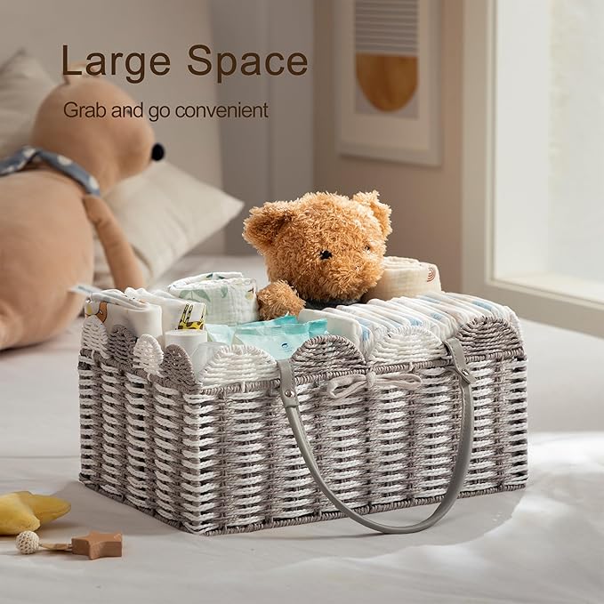HBlife Large Baby Diaper Caddy, Paper Rope Storage Baskets Nursery Bin with Removable Divider, Portable Car Organizer for Dia