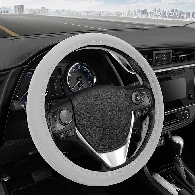 BDK Ultra Soft Gray Steering Wheel Cover, Unisex Car Accessories Non-Slip Comfy Soft Grip Faux Leather Auto Steering Wheel Cover for Cars Trucks Vans SUVs - Fits Standard 15" Inch Steering Wheels