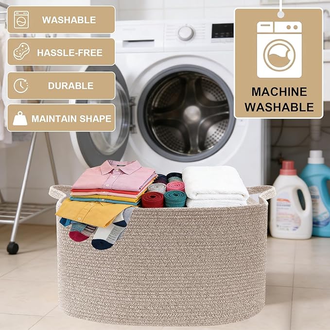 96L Large Blanket Basket,24"x16"x15"Rectangle Storage Bin with Handles,Woven Rope Laundry Basket for Toys, Clothes,Magazines,