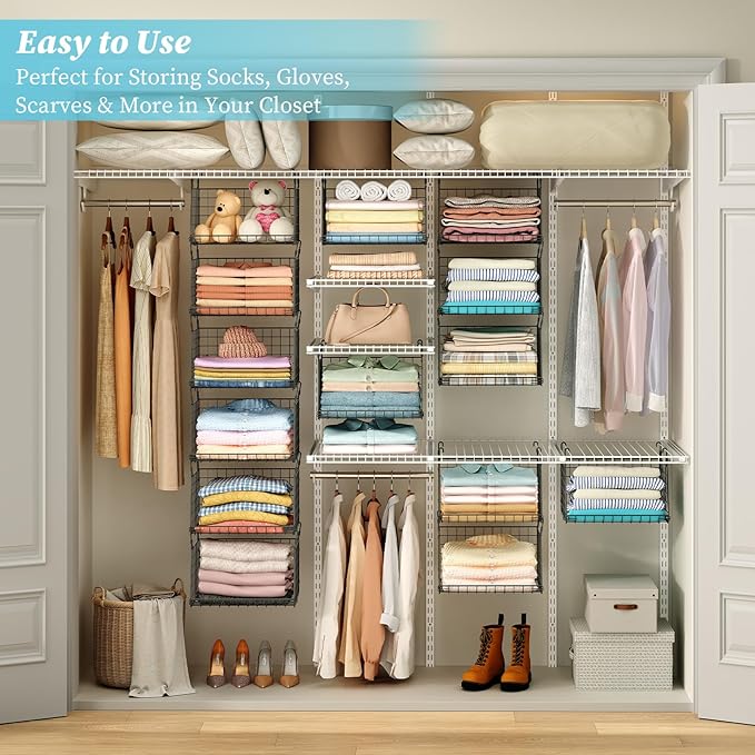 3-Pack Hanging Laundry Room Organizaton：Foldable Laundry Basket Wire Basket with 360°Rotating Hooks Small Space Organization 