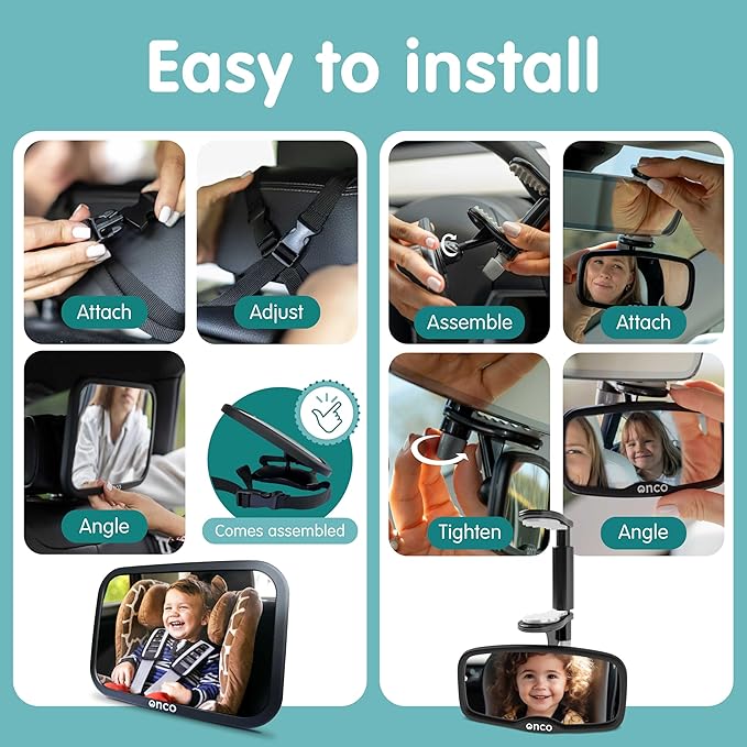 Onco Baby Car Mirror Bundle – Rear & Forward Facing Mirrors, Double Award-Winning, 100% Shatterproof & Shakeproof, 360° Rotation, Wide Convex View, Newborn Essentials