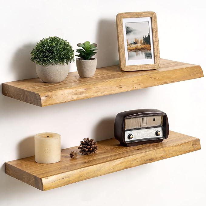 Fun Memories Floating Shelves for Wall Decor Set of 2-24 Inch Solid Elm Wood Live Edge - Rustic Natural Wall Shelves with Inv