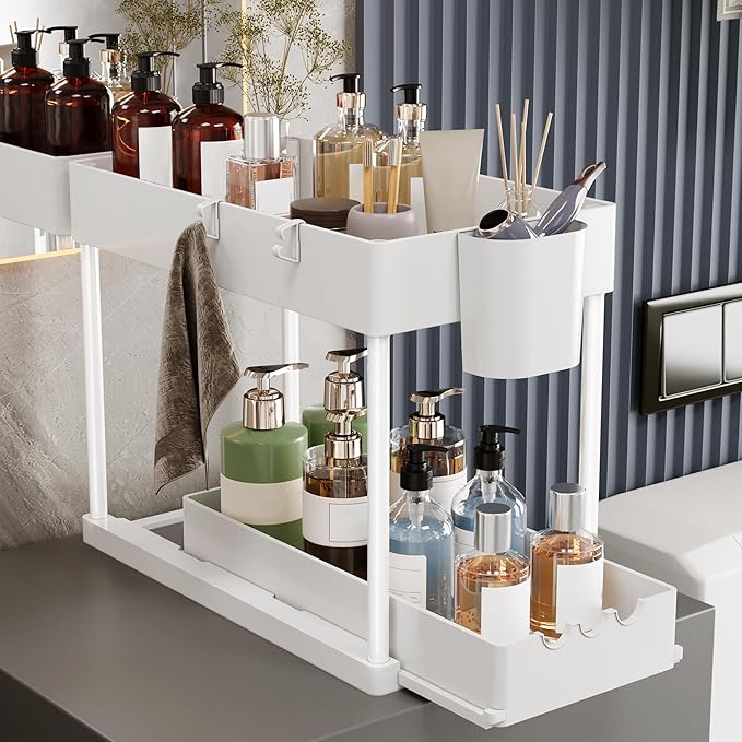 2 Pack Under Sink Organizers and Storage, 2-Tier Sliding Cabinet Organizer Drawer for Bathroom and Kitchen – Multi-Purpose Ca