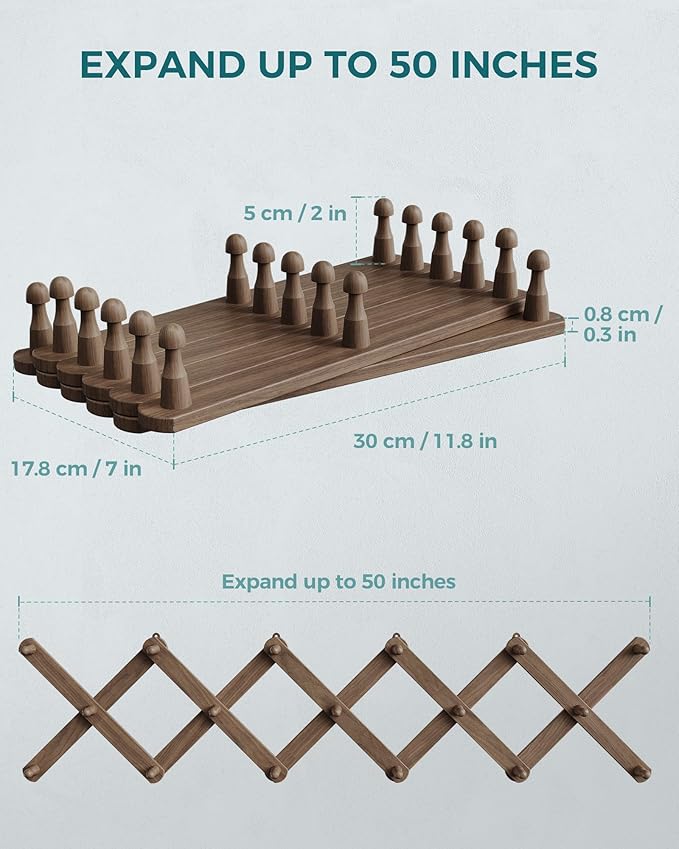 OROPY Wood Accordion Wall Hanger, Expandable Coat Rack Wall Mount with 17 Pegs, Expanding Hat Rack for Wall Walnut Color