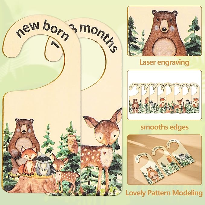 Whaline 8 Pcs Baby Closet Size Dividers Woodland Design Hanging Wooden Baby Closet Organizer Newborn to 24 Months Thicken Bab