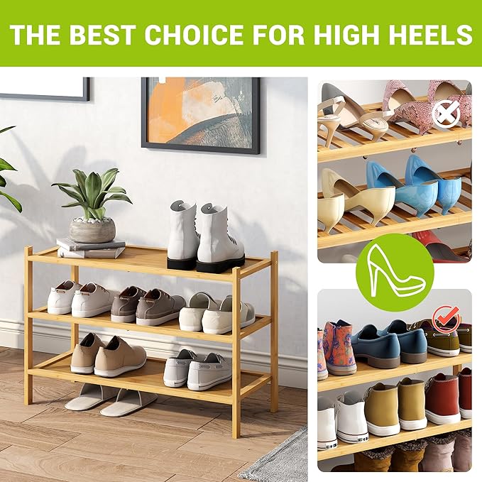 BMOSU 3-Tier Bamboo Shoe Rack Premium Stackable Shoe Shelf Storage Organizer for Hallway Closet Living Room Entryway Organize