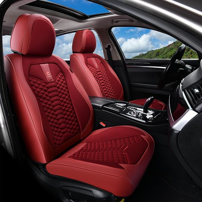 Coverado Car Seat Covers Full Set, Red Seat Covers for Cars 5 Seats, Breathable Fabric& Faux Leather Car Seat Cushions, Front