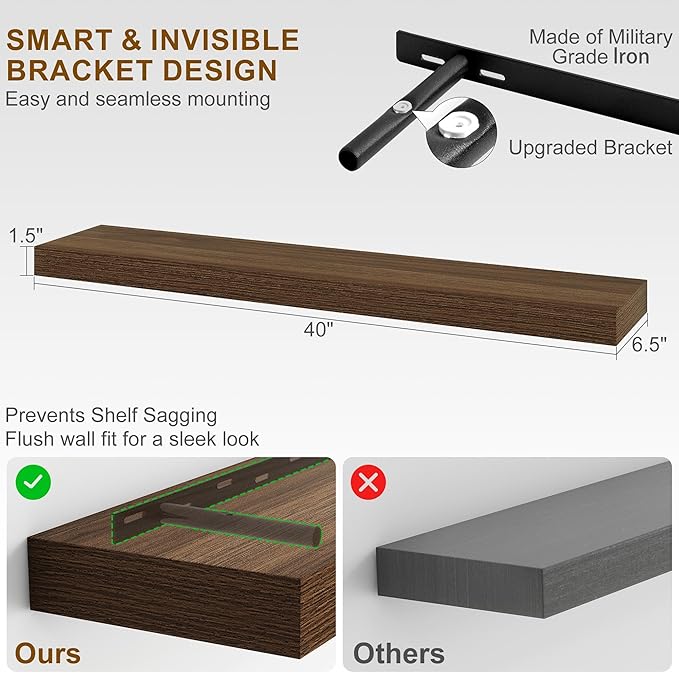 Fun Memories Floating Shelves for Wall, 40Inch Floating Shelves Set of 2, Hanging Shelf with Invisible Brackets, Wood Shelves