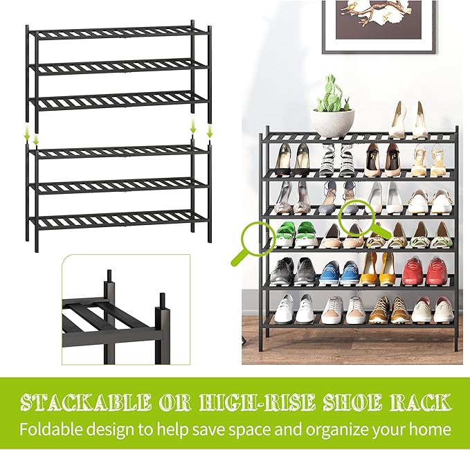BMOSU 6-Tier Bamboo Extended Shoe Rack Premium Stackable Shoe Shelf Storage Organizer for Hallway Closet Living Room Entryway
