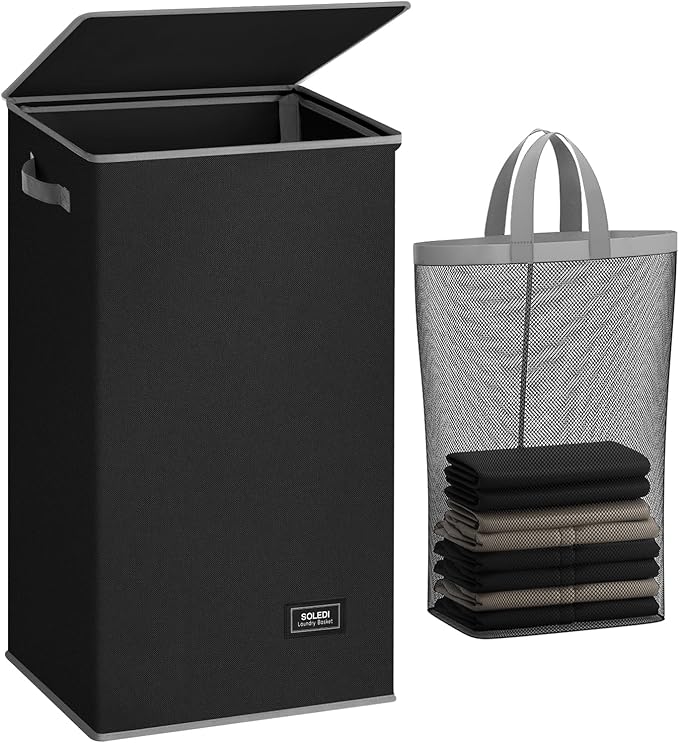 SOLEDI Laundry Hamper Black with Lid and Removable Bag - 100L Large and Tall Laundry Basket Collapsible with Handle for Cloth