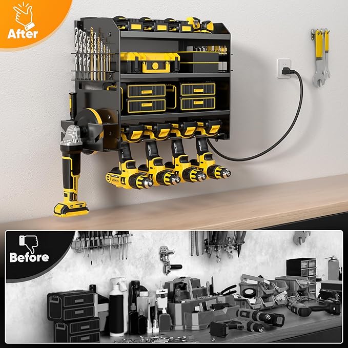 POKIPO Power Tool Organizer Wall Mount with Charging Station,Tool Storage Rack with 8 Outlet Power Strip,Heavy Duty Metal Bat