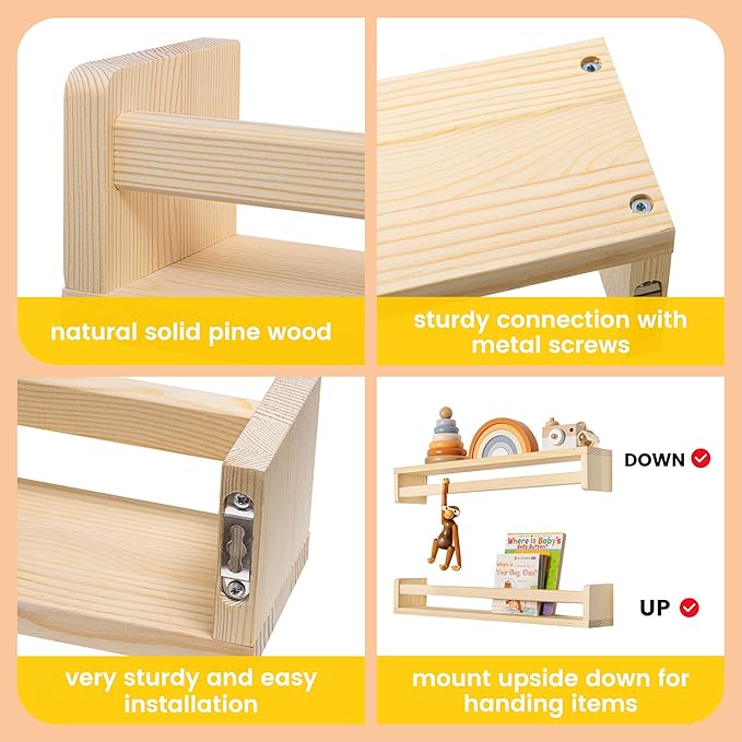Fun Memories Nursery Book Shelves, 24Inch Floating Shelf for Wall, Wall Bookshelf for Kids Solid Wood Wall Mounted Shelves fo