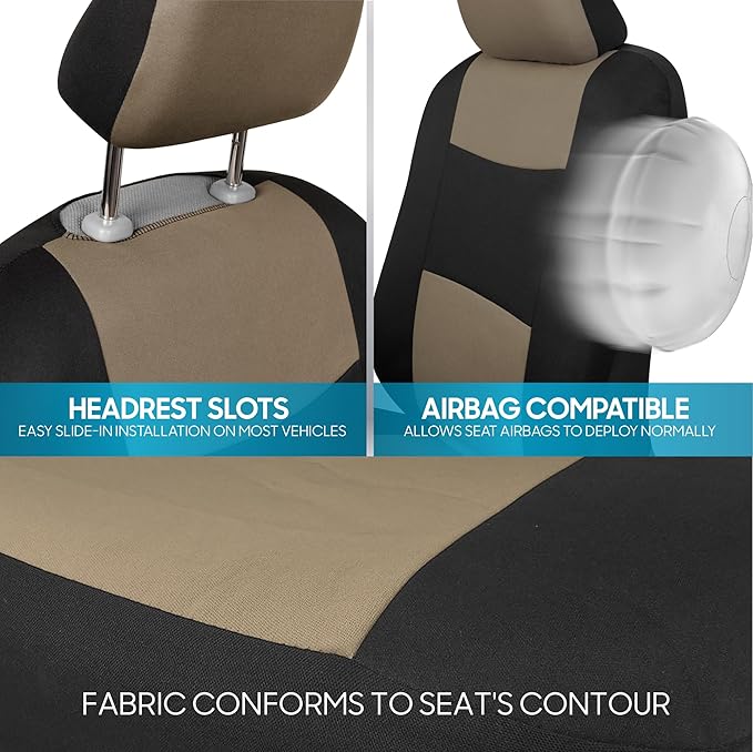 BDK PolyPro Seat Covers Full Set in Beige on Black – Front and Rear Split Bench Seat Covers for Cars, Easy to Install , Car A