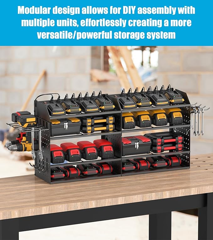 CCCEI Modular Desk Power Tools Organizer with Charging Station, 4 Layer Drills Battery Storage Wall Mount, Garage Shop Organi
