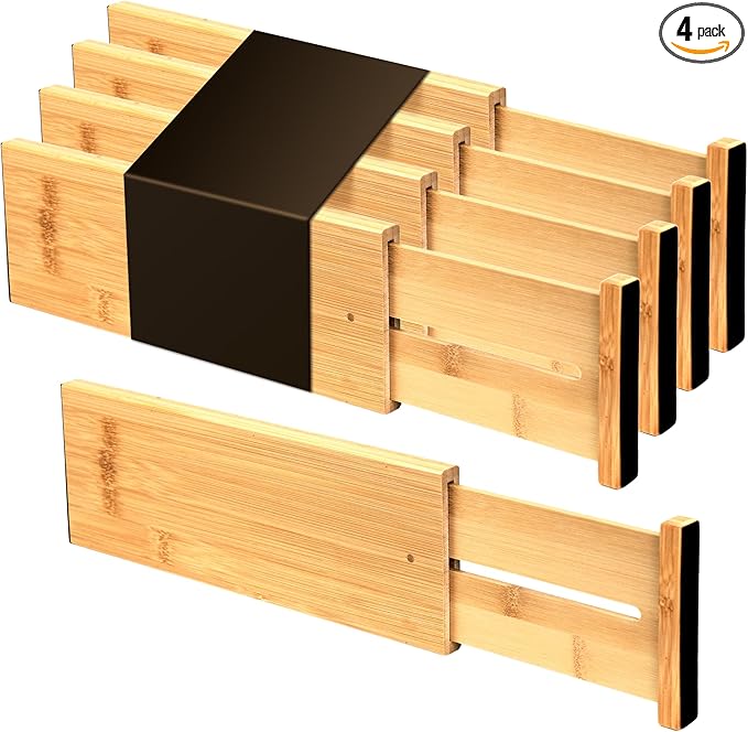 Utoplike Bamboo Dresser Drawer Dividers, 4'' High Adjustable Drawer Organizers for Clothing, Spring Loaded, Works in Kitchen,