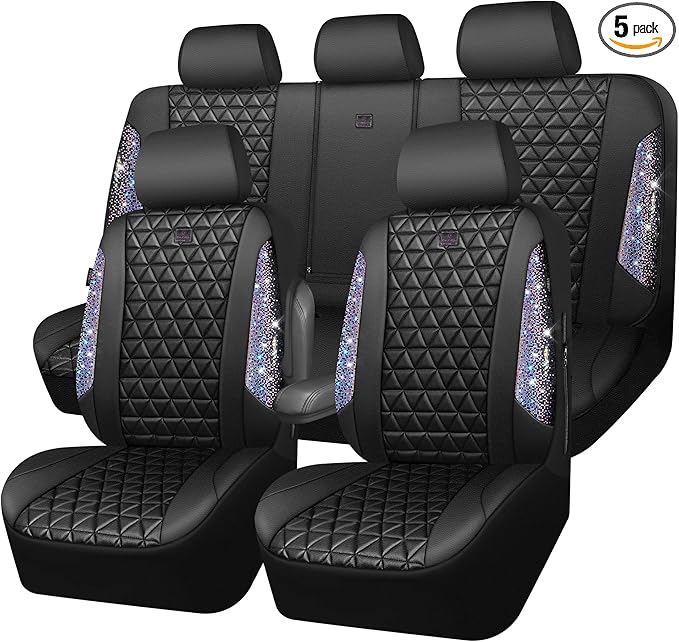 CAR PASS Bling Diamond Black Leather Car Seat Covers Full Set Interior Sets, Waterproof Shining Glitter Sparkly Crystal Armre