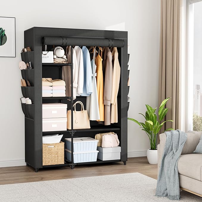 Portable Closets for Hanging Clothes, Wardrobe Closet with Hanging Rod and Clothing Storage Shelves, 8 Side Pockets, Free Sta