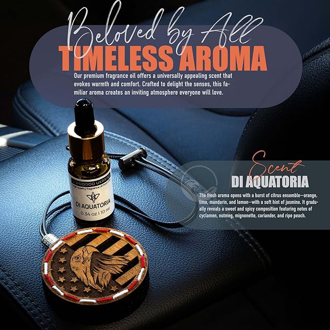 Handmade Wood Car Air Freshener — American Flag Designed Refillable Essential Oil Diffuser — Long Lasting diAquatoria Fragran