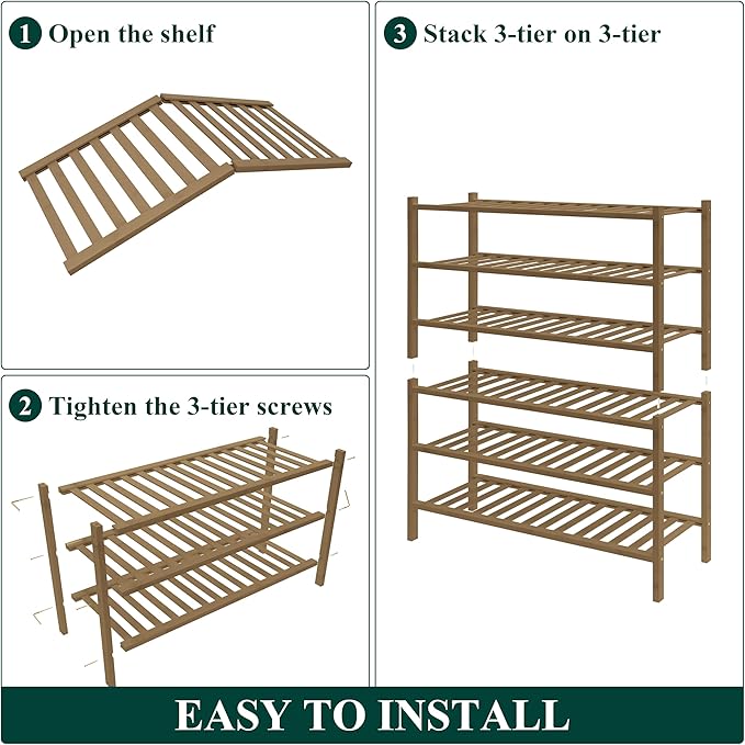Smiry Bamboo Shoe Rack for Closet, 6 Tier Wooden Stackable Shoe Organizer, Free Standing Shoes Storage Shelf for Entryway, Fr