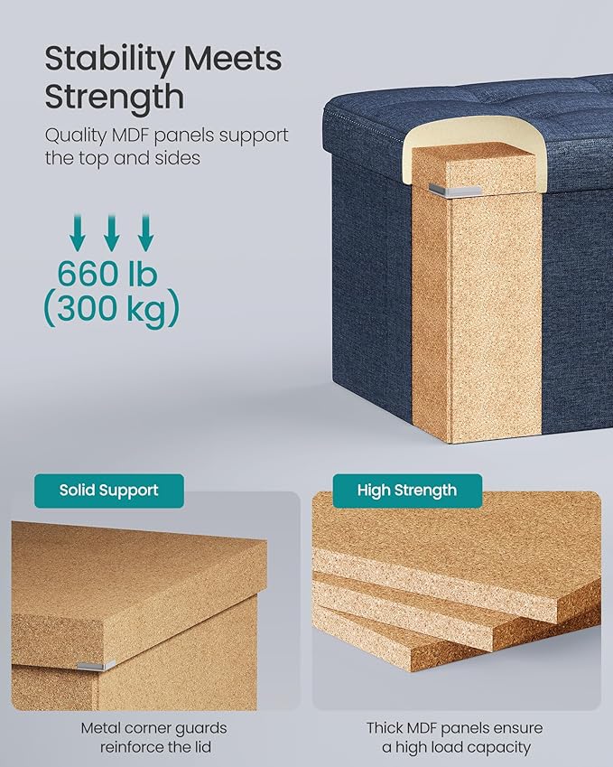 SONGMICS MAZIE Collection - 43 Inches Folding Storage Ottoman Bench, Ottoman Foot Rest, End of Bed Bench, Storage Chest, Load