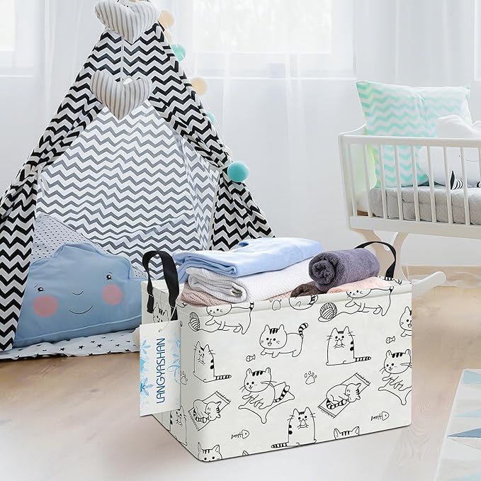 LANGYASHAN Rectangular Storage Bin Collapse Canvas Fabric Cartoon Storage Basket with Handles for Organizing Home Kitchen Boy
