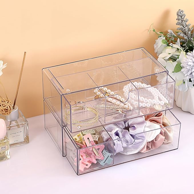 Hipiwe 2-Tier Acrylic Storage Drawer Stackable Box Hair Accessories Organizer Clear Desktop Organizer with Removable Dividers