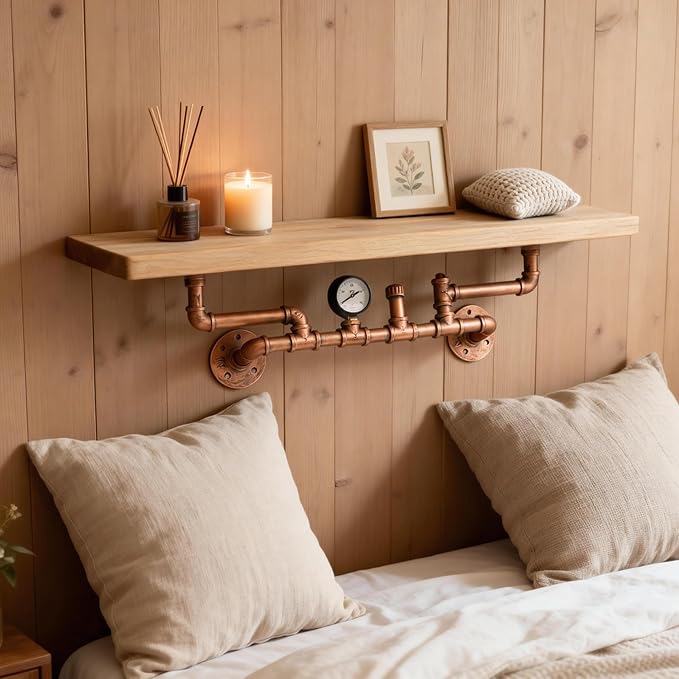 31.5 Inches Wide Carbonized Pine Wood Wall Shelf - Premium Nordic Pine & Cast Iron Wall-Mounted Rack Rutic Storage Shelf for 