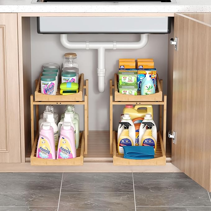 Bamboo Under Sink Organizer and Storage, 2 Pack Pull Out Cabinet Organization, 2 Tier Vertical Slide Out Undersink Storage Sh