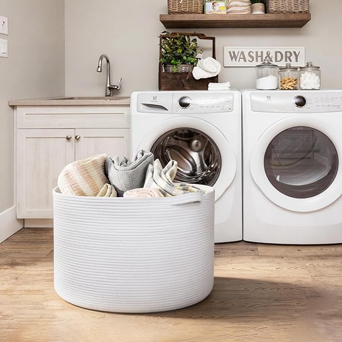 MEGASKET White Cotton Rope Storage Basket, 22" X 22" X 14" Extra Large Blanket Storage Living Room, XL Soft Toy Bin for Organ