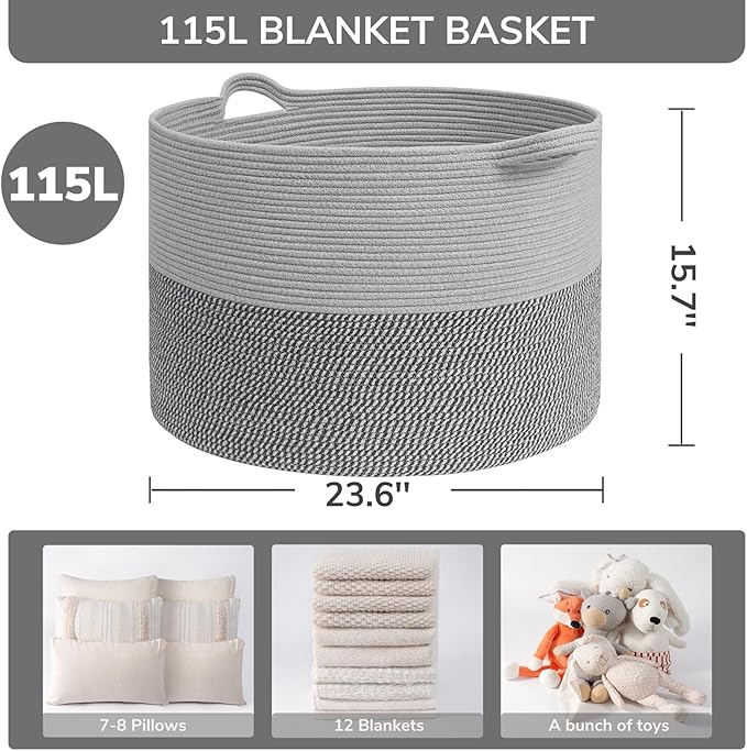 INDRESSME 115L Extra Large Blanket Basket, Cotton Rope Basket for Nursery Living Room, Decorative Woven Storage Baskets with 