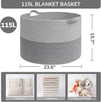INDRESSME 115L Extra Large Blanket Basket, Cotton Rope Basket for Nursery Living Room, Decorative Woven Storage Baskets with 