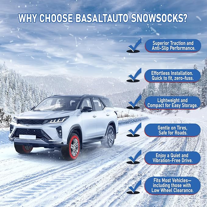 Automotive Snow Socks for Tire Red XXXL Textile Snow Chains Fabric Car Chains, 2 Pairs of Gloves, Winter Accessories SUV Truc