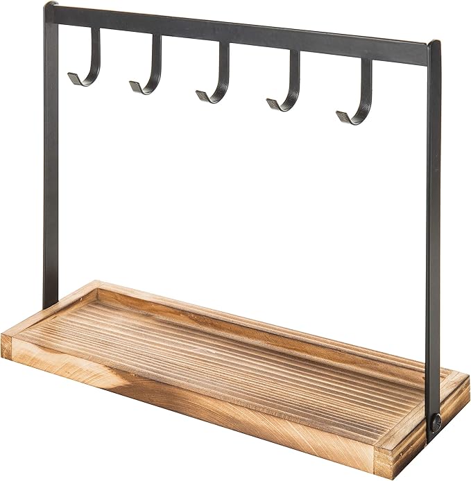 MyGift Black Metal Entryway Key Holder with 5 Hooks and Burnt Wood Base, Tabletop Necklace and Jewelry Organizer Rack with Ri