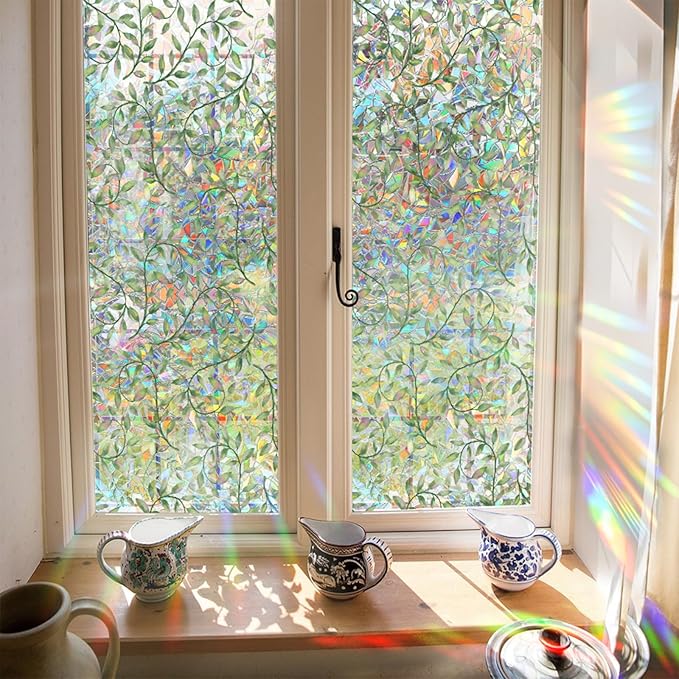 Niviy Leaf Rainbow Window Film, Stained Glass Window Film Glass Decals Static Cling Stickers, Windows Tint for Home Bathroom (16.93 x 39.37inch)