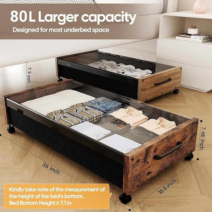 Under Bed Storage with Wheels, 2 Packs Wooden Storage Containers Extra Large Underbed Shoes Organizer, Rolling Under Bed Stor