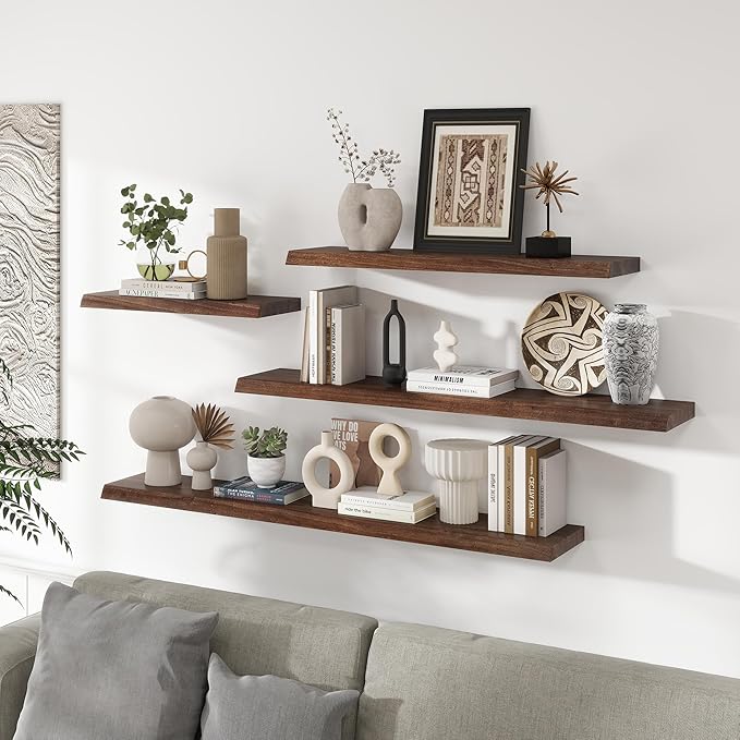 Live Edge Elm Floating Shelves For Wall - 55" W x 9.3" D Rustic Solid Long Wood Shelves with Invisible Bracket, Wall-Mounted 