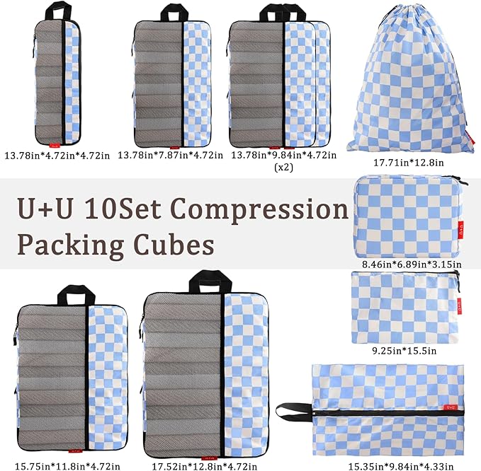 U+U 10 Set Compression Packing Cubes - Ultralight Travel Organizers with Laundry Bag and Cosmetic Bag, Space-Saving Suitcase 