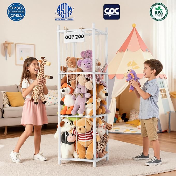LAMU Stuffed Animal Storage, Wooden Zoo Stuffed Animal Holder with Elastic Cords, Space Save Toy Organizer, Extra Large Capac