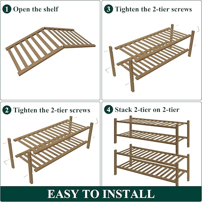 Smiry Bamboo Shoe Rack for Closet, 4 Tier Wooden Stackable Shoe Organizer, Free Standing Shoes Storage Shelf for Entryway, Fr