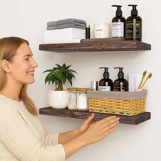 BGMG Floating Shelves 24 inch Long, Distressed Rustic Wooden Wall Shelves for Bathroom Living Room Bedroom Kitchen Farmhouse 