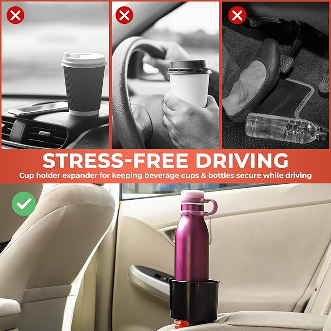 Car Cup Holder Expander - Fits Hydro Flasks 32/40 oz, Nalgene, Yeti & Large Bottles up to 3.8 inches Wide - for Car up to 3.2