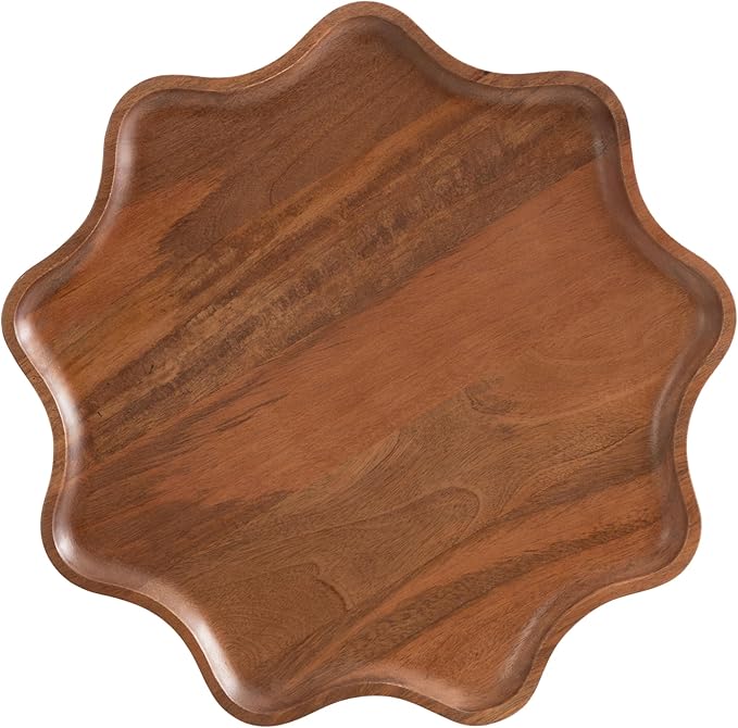 Kate and Laurel Alezar Mango Wood Wavy Round Lazy Susan Tray, 18 Inch Diameter, Walnut Brown, Scalloped Wooden Countertop Org