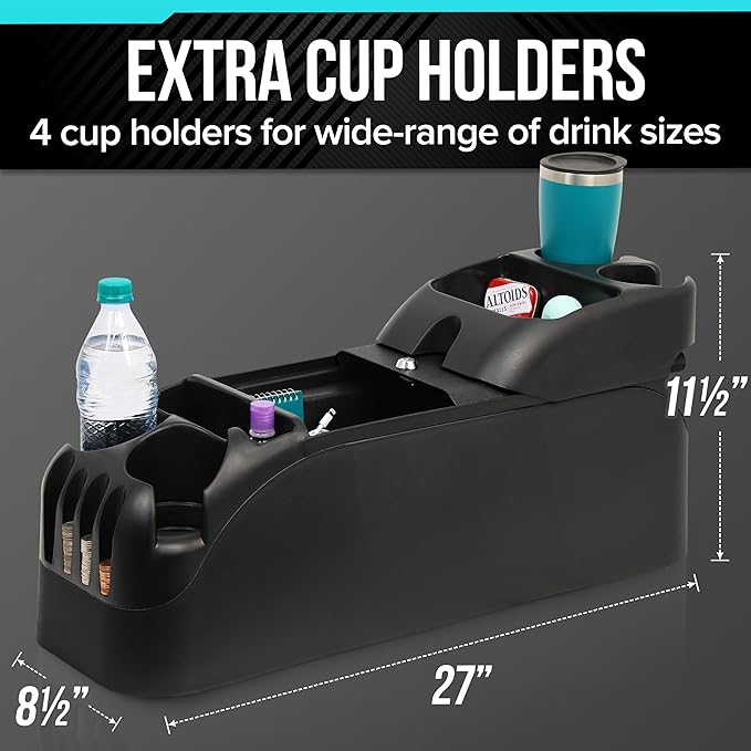 Center Console for Minivans, SUVs, Middle Van Console, Extra Cup Holders, Large Storage, 27"L x 11.5"W x 8.5"H,Made in USA (Black)