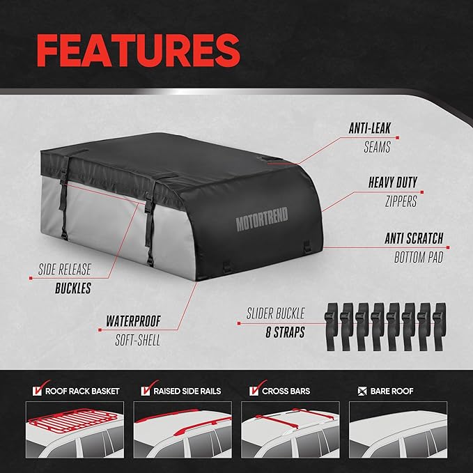 Motor Trend Rooftop Cargo Carrier - Heavy Duty Roof Rack with Adjustable Straps, Waterproof Soft Top Cargo Bag for Vehicle